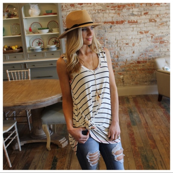 Infinity Raine Tops - LAST ONE! Ivory Pin Strip Floral Trim Tunic